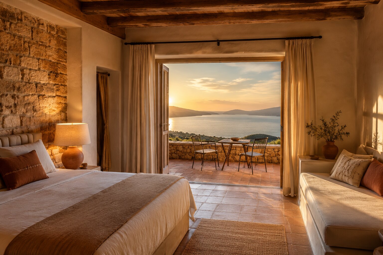Suite Tramonto con letto, daybed e vista sul golfo